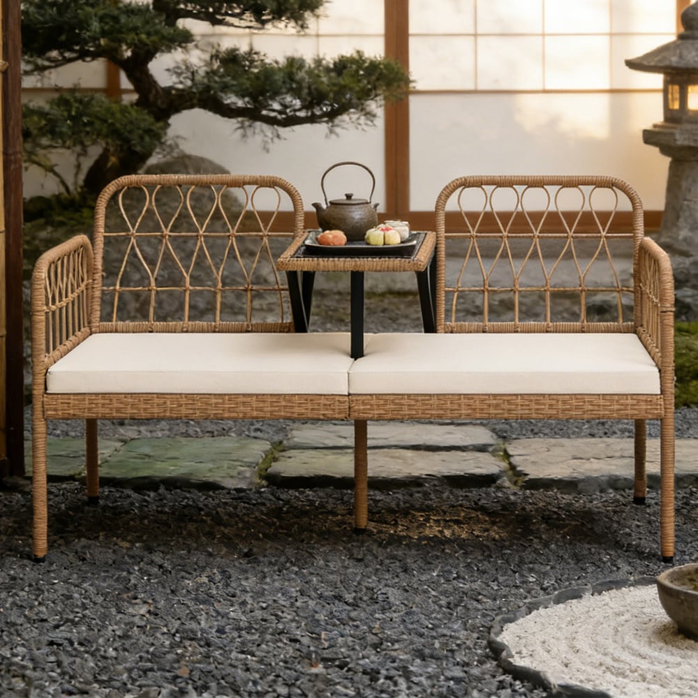 2-seater Pe Rattan Garden Loveseat With Table And Soft Cushions_voghion.com